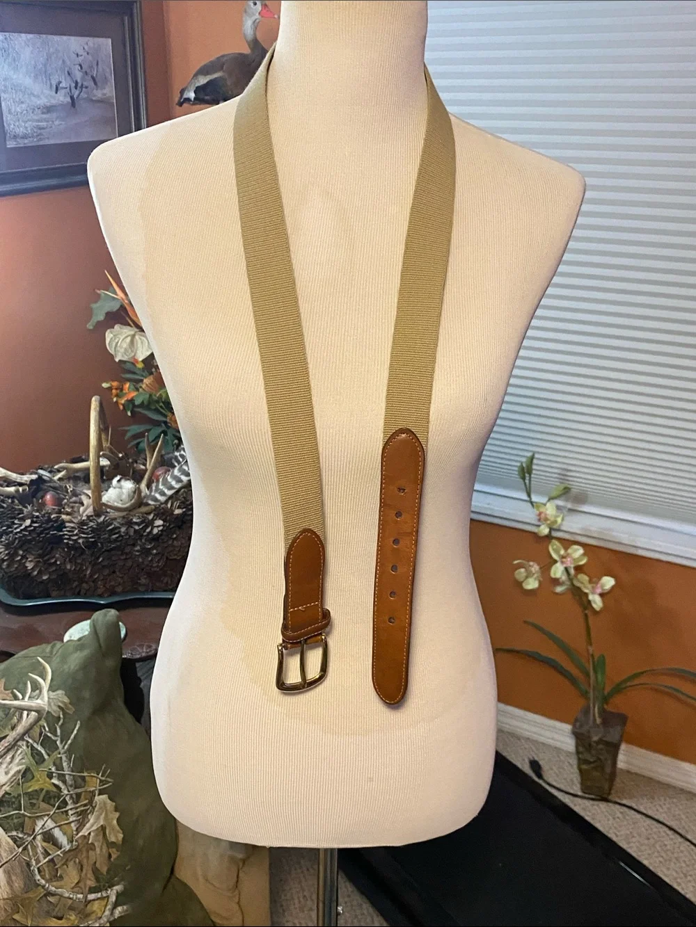 45” Beige Canvas Belt with Brown Leather Trim